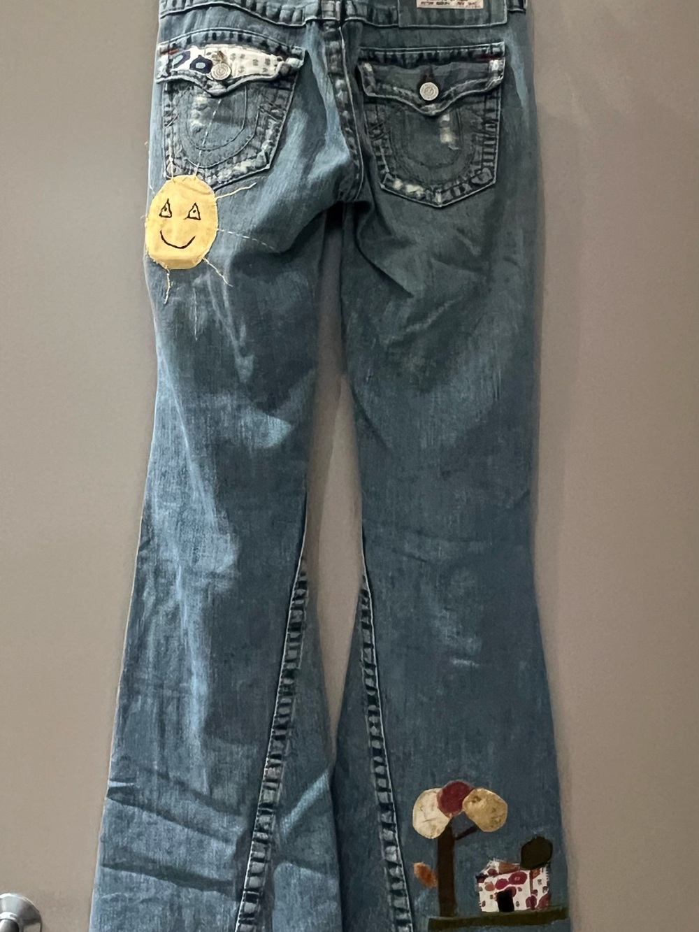 True Religion Blue Flare Jeans with Mushroom & Tree Appliqués - Picture 2 of 9